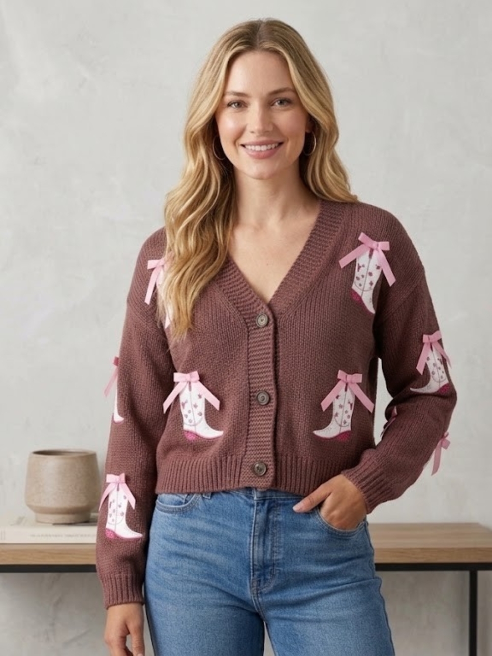 Francesca's Women’s Brown V-Neck Button Cardigan with Pink Bow Accent